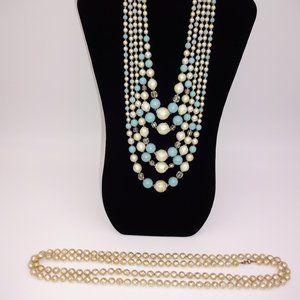 2 Vintage Necklaces Long Gold Tone 1 One Strand & Blue Grey Clear 5 Five Strands